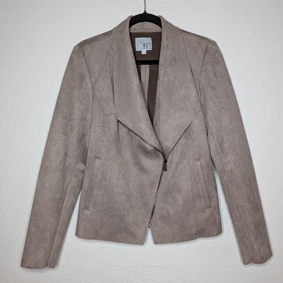 Kut from the Kloth Womens Gray Carina Faux Suede Drape Moto Jacket M - Picture 1 of 7